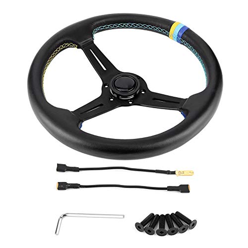 KIMISS Car Steering Wheel, 350mm/14in Leather Racing Steering Wheel W/ Horn for GReddy Style 6-Bolt Half Dish Black
