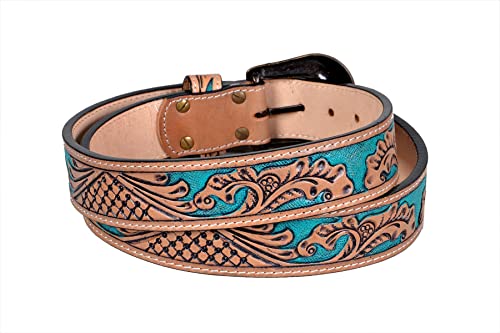 Western Leather Belt Tooled Belt with Removable Buckle Turquoise 30HQ0014