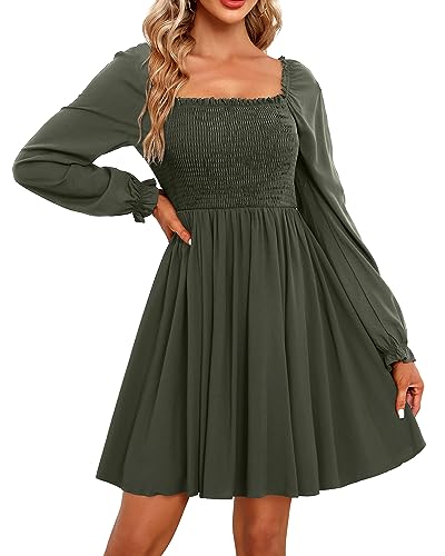 Holipick Women's Casual Square Neck Smocked Dress Shirred Ruffle Puff Sleeve High Waist Cute Flowy A-Line Short Dress