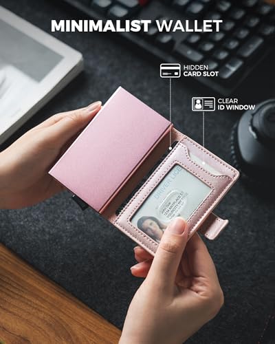 Image of VULKIT Slim Bifold Pop up Wallet Minimalist Leather Card Holder RFID Blocking Metal Card Case with ID Window for Women | with Leather Slots