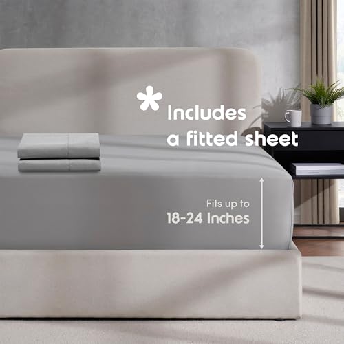Image of Hearth & Harbor Light Grey Duvet Cover with Fitted Sheet Full Size | 4 Piece Soft Double Brushed Bedding Set, Button Closure, 1 Duvet Cover 80x90 Inches, 1 Fitted Sheet, 2 Pillow Shams