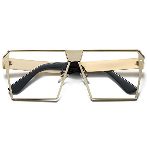 LKEYE - Unique Oversize Shield Vintage Square Sunglasses LK1705 Gold Frame/Clear Lens