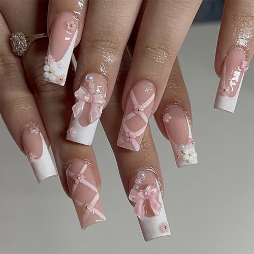 Caiguoer 24 uñas postizas cuadradas largas, uñas postizas francesas a presión para mujeres y niñas (B)