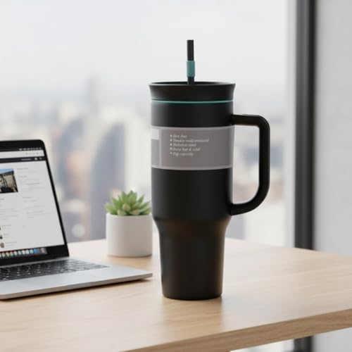 Image of HomeCloud 1200ml Insulated Coffee Tumbler with Lid - Double Wall Travel Mug for Hot & Cold Drinks, Leak-Proof, Durable, Portable, Stylish Stainless Steel Design (Black B)