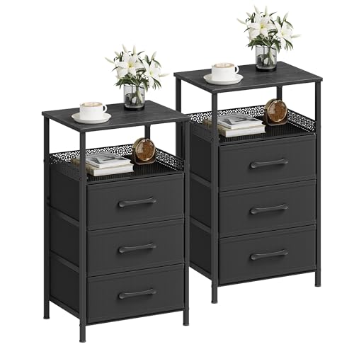 JARHETUN Nightstand Set of 2, Night Stands with 3 Fabirc Drawers, 26.4 Inch Tall Bedside Table with Metal Shelf, Modern Side End Table Storage Furniture, Small Dresser for Bedroom, Black
