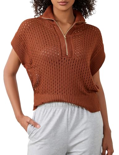 Image of Womens Spring Cap Sleeve Crochet Sweaters Loose Fit Quarter Zip Lightweight Hollow Out Beach Vacations Clothes