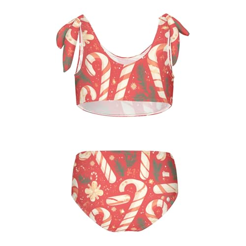KLL Christmas Candy Cane Mistletoe Pattern Girls Two Piece Bikini Set Quick-Dry Swimsuit Swimming Suits Adjustable Strap2