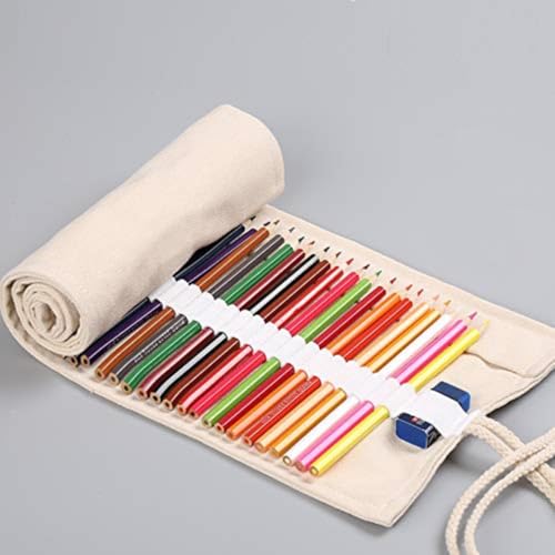 Image of Large Capacity Pen Curtain Canvas Roll Up Pencil Case 36 Slots Pencil Bag Pencils Case Wrap Roll Holder for Coloring Pencil Natural Color Pen, Pencil and Marker Cases