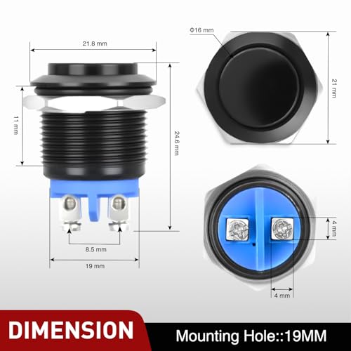 Image of Nilight 19mm Momentary Push Button Switch 2PCS | 12V Waterproof Black Metal Round Starter Power Switches 2 Pin Screw Terminal for Car Truck Horn Boat Marine RV Vehicle