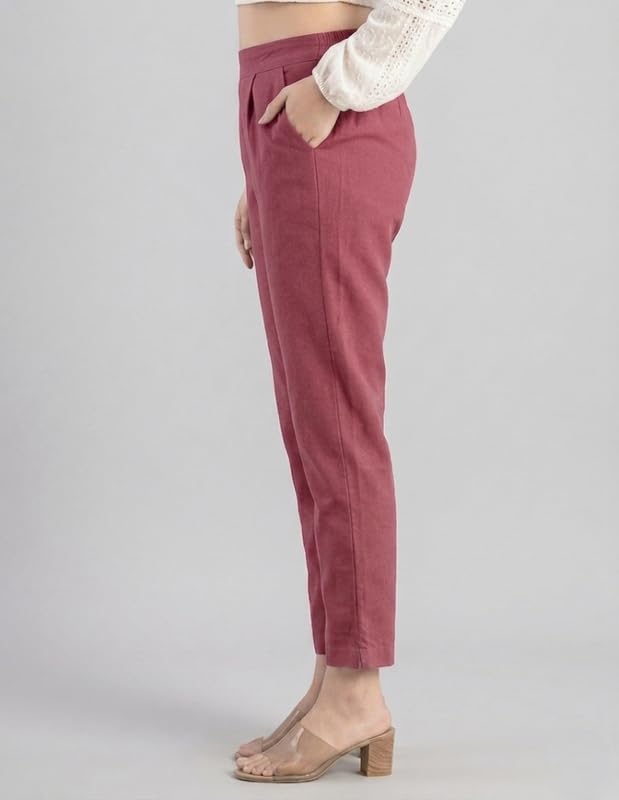 Image of Solid Cotton Woman Trousers Pants Regular Fit Kurti Pant with Drawstring Daily Office Formal Casual Use