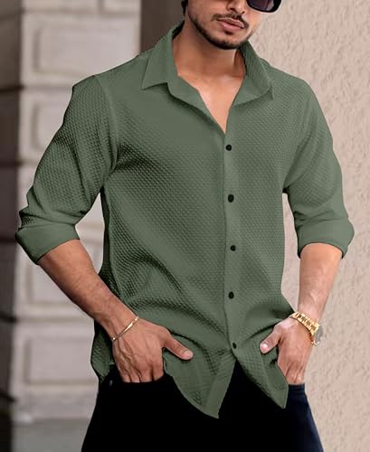 Image of NexaFlair Men's Casual Button Down Shirts Long Sleeve Linen Shirt Fashion Textured Beach Summer Regular Wear Shirts