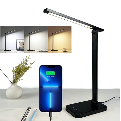 TOVARIN Lampara Escritorio - Flexo led de 3 Modos Brillo Regulable- Flexo Led Escritorio Plegable Control- Lampara Mesita Noche Lectura para Estudio Oficina Luz Nocturna(NEGRO)