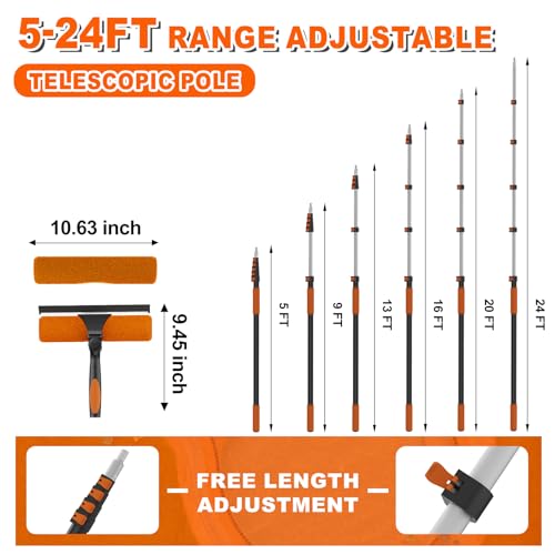 Image of SISUPASSIE 30FT Reach 2-in-1 Window Squeegee, Professional Window Washing Kit with 5-24FT Extension Pole for Home, Indoor Outdoor Squeegee with Rotatable Head for High Windows