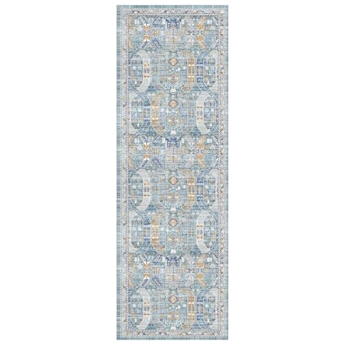 Madane Runner Rug 2'6''x8' Kitchen Runner, Hallway Runner Printed Vintage Washable Rugs Soft Non-Slip Low Pile Runners for Hallways Laundry Room Distressed Carpet, Blue/Gold