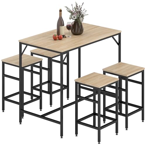 HOMCOM Juego de Mesa y Taburetes de Bar, Mesa Alta de Cocina con 4 Taburetes Industrial, con Reposapiés, Ahorro de Espacio, para Espacios Reducidos, Comedor, Salón, Roble