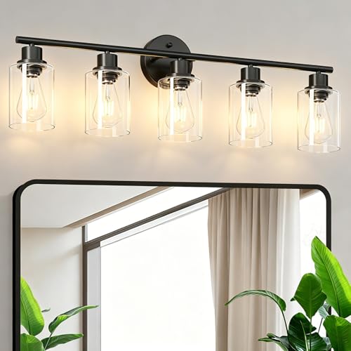 Image of 5-Light Black Bathroom Vanity Lights, E26 Modern Bathroom Light Fixtures with Clear Glass Shade, Mirror Kitchen Hallway Cabinet Living Room Sconces Wall Lights