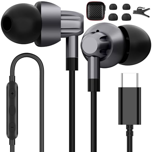 USB C Headphones for Samsung Galaxy S24/S23 Ultra/S22/S21 FE/S20/A54/Note 20 10+ Wired Earbuds with Microphone Noise Canceling In-Ear Type C Earphones Stereo Bass for iPhone 16 Pixel 8 7 6, Metal-Grey