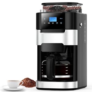 Joy Pebble 10-Cup Drip Coffee Maker with Grinder, Touch-Screen Drip Coffee Machine with Programmable Brew,8 Adjustable Grinding Settings, Washable Basket Filter, Keep Warm Plate, 50.7oz Water Tank