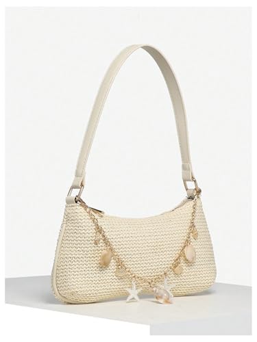 QWINEE Women's Seashell Pearl Beaded Woven Underarm Shoulder Bags Beach Vacation Top Handle Zipper Single Strap Handbag2