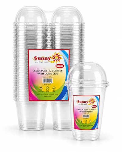 Sunny Clear Plastic Cups with Dome Lids 14 oz (Pack of 50) Reusable Transparent Cold Drink Cups for Iced Coffee Juice & Smoothies Leak-Resistant