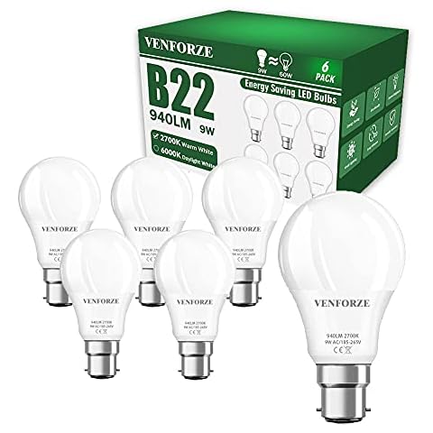 Venforze Bayonet Light Bulbs, 9W(Equivalent to 60W) 2700K Warm White B22 LED Bulb, 940LM A60 Bayonet Bulbs, Non Dimmable BC GLS Energy Saving Light Bulbs, Pack of 6 [Energy Class A+] Cover