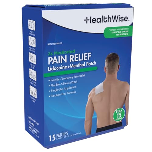 HealthWise 4% Lidocaine + 1% Menthol Pain Relief Patch | Maximum OTC Strength Lidocaine | 15-Count | 3.93 x 5.51 | Topical Anesthetic + Analgesic | Easy to Apply Flexible Adhesive
