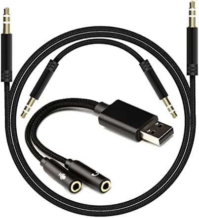 EBEETECH USB to Dual 3.5mm Audio Jack Adapter, Mic-Supported Headphone Adapter for Two Headphones, Speakers to Laptop, with 3-Pole 3.5mm Jack Audio Cables (20cm&100cm) [3 Pack], Black