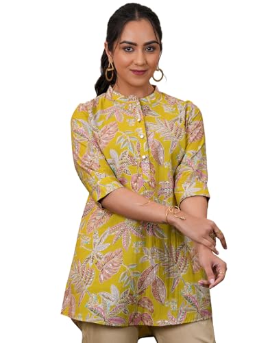 Image of Libas Women Silk Blend Regular Printed A Line Kurtis 37077 Yellow Suit