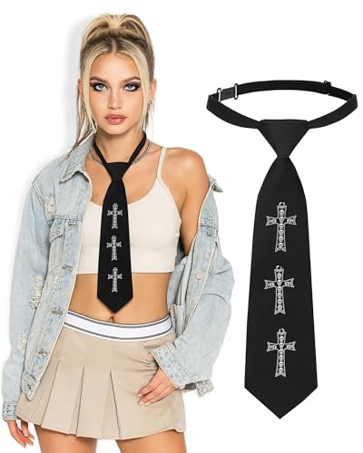 JENSVOIR Tie for Women - Black Gothic Cross Punk Metal Necktie Pre-Tied Adjustable Necktie for Uniform School Shirt Accessory