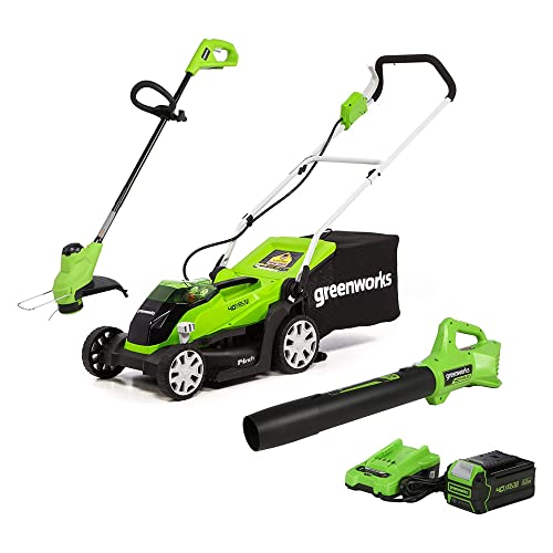 Greenworks 40V 14-Inch Mower/Axial Blower/12-Inch String Trimmer Combo Kit, 4Ah USB Battery and Charger Included, CK40B411
