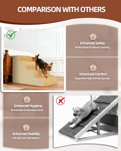 Image of Dog Stairs Curved Ramp for Small Dogs 19.5 inch H, 4-Step Pet Stairs for Couch Bed with High Density Foam, Dog Slope Stairs with Durable Non-Slip Bottom Khaki