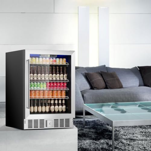 Image of DOGHLY 24 Inch Wine and Beverage Refrigerator, 182 Cans Built-in Cooler with Glass Door, Digital Temperature Control, LED Lighting, Adjustable Shelves, Freestanding Beer Fridge for Home, Bar, Office