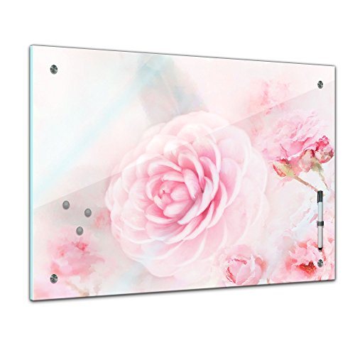 Bilderdepot24 Memoboard 60 x 40 cm, Pflanzen - Aquarell Rosen - Memotafel Pinnwand - Blatt - Blüte - bunt - Garten - Blume - Rose - rosa - Pflanzenmotiv - Natur - Blumenbild - Glasbild - Handmade