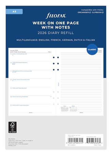 Filofax A5 week on one page with notes 5 language 2026 diary 26-68509