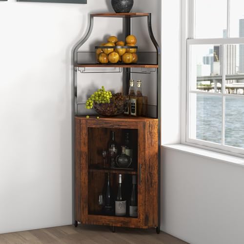 Garvee Aparador Esquinero para Bar, Mueble Bar Industrial De 5 Niveles con Botellero, Porta Copas, Puerta De Malla y Estantes Ajustables para Salón, Comedor y Cocina