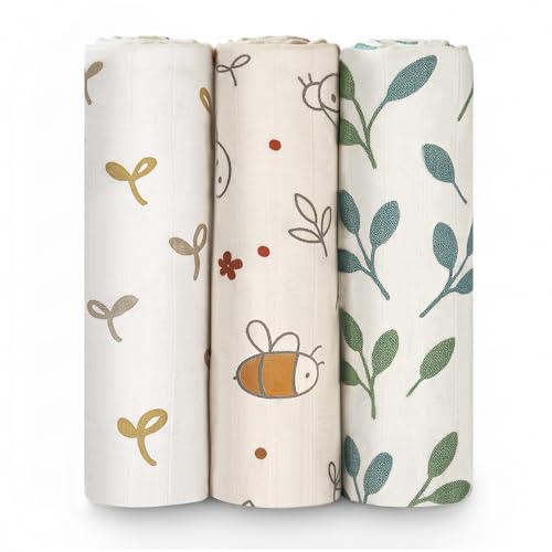 Image of HECCEI 3-Pack Muslin Baby Swaddle Blanket Bamboo Cotton 47 x 47 Inches | Soft Breathable Receiving Blanket Swaddles for Newborn Registry Gift for Baby Showers