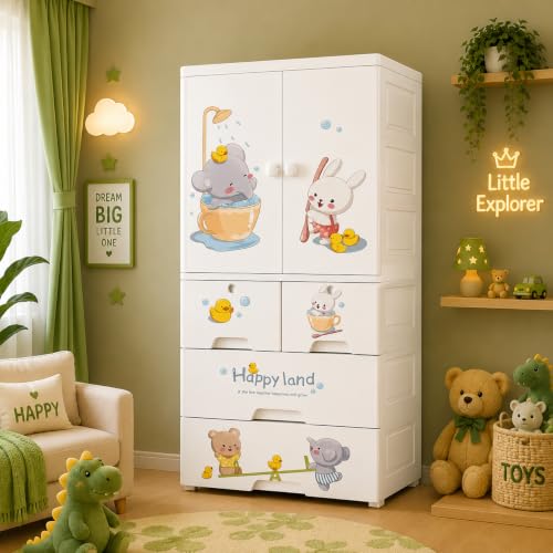 Image of Kids Plastic Wardrobe for Clothes Storage | Baby Cupboard & Almirah with Hanging Rod & Shelves | Portable Collapsible Storage Cabinet for Bedroom | Cartoon Kids Wardrobe
