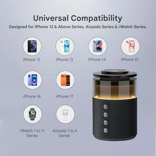 Image of Humble 5-in-1 Magnetic Wireless Charger with Bluetooth Speaker | Mag-Safe Charging Dock for iPhone Series 17 /16 /15 /14 /13 /12, iWatch & AirPods | Fast Charging Phone Stand with Night Lamp (Black)