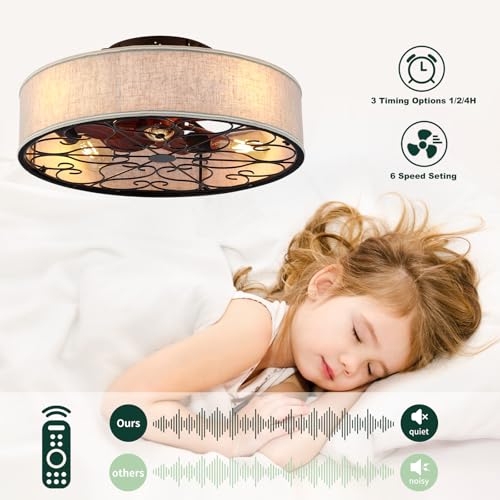 20 Inch Caged Ceiling Fans with Lights Flush Mount,Low Profile Fabric Farmhouse Bladeless Ceiling Fan with Remote, Farmhouse White Ceiling Fan for Bedroom,6 Speeds Reversible Silent Fandalier