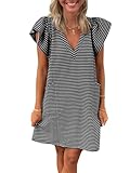 Mieazom Striped V-Neck Mini Dress for Women Puff Sleeve Casual Dress with Pockets, Comfortable & Stylish for Summer Black-White Stripes S