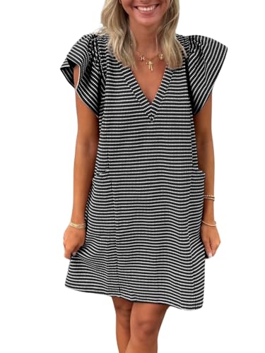 Striped V-Neck Mini Dress for Women Puff Sleeve Casual Dress with Pockets, Comfortable & Stylish for Summer