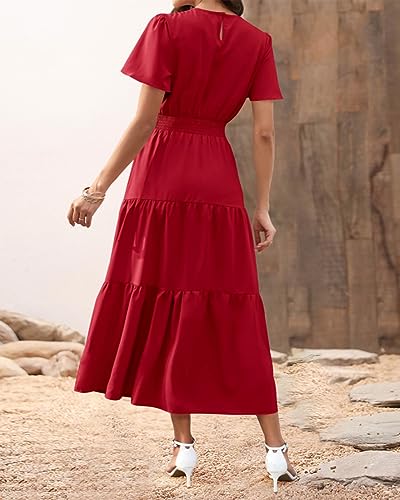 Image of PRETTYGARDEN Women's Casual Smocked Boho Floral A-Line Maxi Dress 2026 | Summer Short Flutter Sleeve Crewneck Tiered Long Sundress,Fall Wedding Guest Dresses,Spring Cute Flowy Beach Vacation Clothes