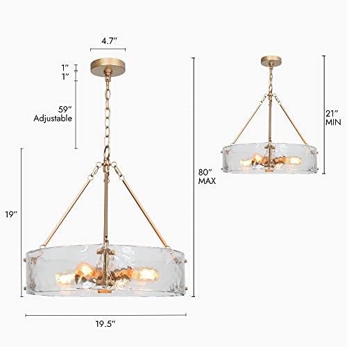 Zevni Gold Chandelier, 4-Light Modern Chandelier Light Fixture, 19.5" Dia Glass Drum Chandelier For Dining Room, Foyer, Kitchen, Bedroom, Living Room #TOP5