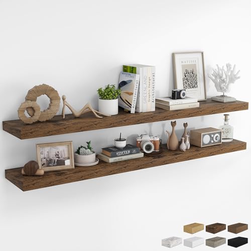 RICHFOCUS 72Inch Floating Shelves for Wall 2 Pack Shelves for Bedroom|Kitchen|Bathroom Wall Mounted Rustic Wood Floating Shelf with Invisible Brackets for Books|Storage|Decor Rustic Brown
