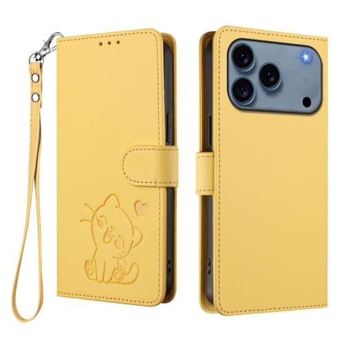 Housse Chat iPhone 15 Jaune avec Portefeuille Magnétique Utile