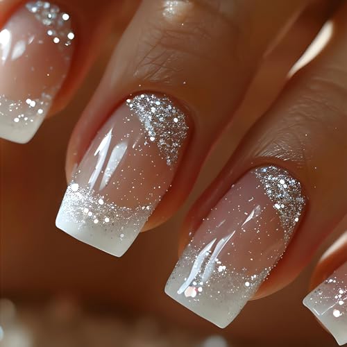 Medium French Tip Press on Nails Square Shape Fake Nails Cute White False Nail Tips with Sparkling Glitter Designs Glossy Nude Glue on Nails Full Cover Stick on Nails for Women Finger Manicure