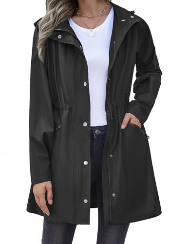 Zeagoo Black Women's Raincoats Waterproof Rain Jacket Raincoat with Hood Lightweight Long Windbreaker Jacket Trench Coat S