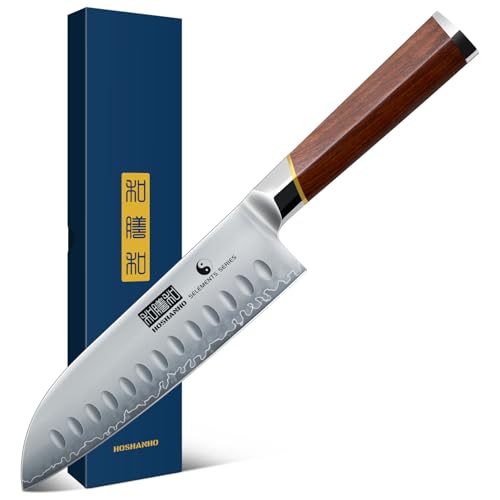 HOSHANHO 7-Zoll-Santoku-Messer, professionelles japanisches Kochmesser aus Kohlenstoffstahl, rasiermesserscharfes Küchenmesser mit ergonomischem Griff aus rotem Sandelholz – Geschenkbox