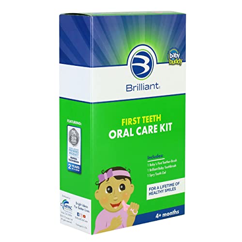 First Teeth Oral Care Kit by Brilliant Oral Care- Set has Baby's 1st Teether-Brush, Brilliant Baby Toothbrush and 2oz Spry Xylitol Tooth Gel, Infants Age 4 Months Old and Up, Baby Must Haves, Blue
