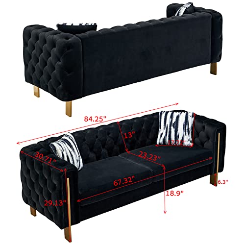 Image of Dolonm Velvet Tufted Sofa for Living Room, 84 inch Mid-Century Modern Couch with 2 Throw Pillows, High Arms & Gold Metal Legs, Luxury Chesterfield Furniture (Black)